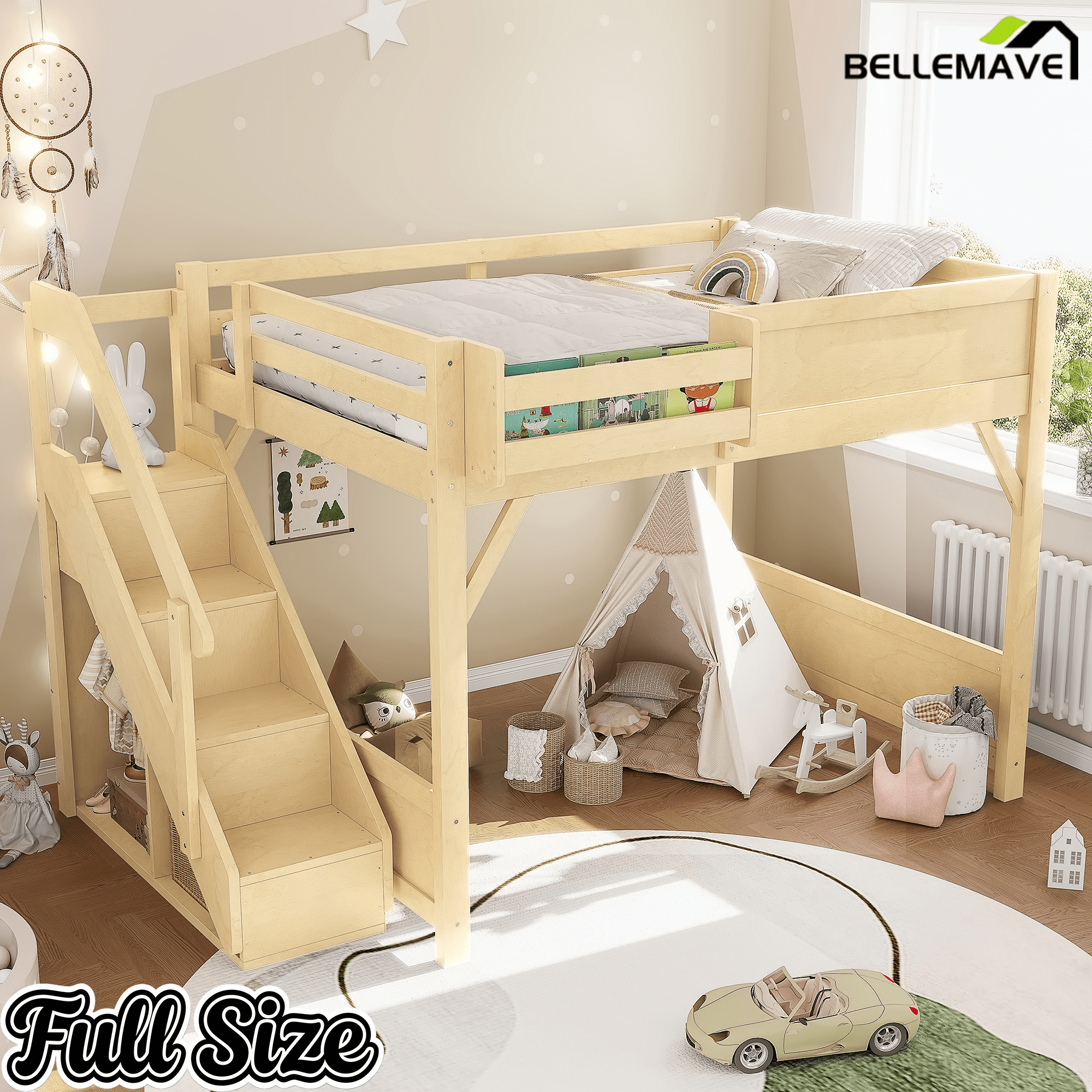 Bellemave® Twin Loft Bed with Storage Stairs and Built - in Wardrobe and Bedside Shelves, Wood Loft Bed for Kids, Teens, Adults, Gray - Bellemave