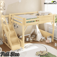 Bellemave® Twin Loft Bed with Storage Stairs and Built - in Wardrobe and Bedside Shelves, Wood Loft Bed for Kids, Teens, Adults, Gray - Bellemave