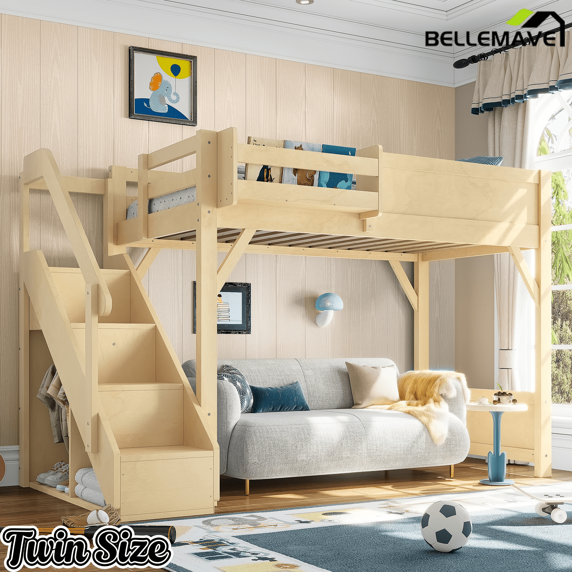 Bellemave® Twin Loft Bed with Storage Stairs and Built - in Wardrobe and Bedside Shelves, Wood Loft Bed for Kids, Teens, Adults, Gray - Bellemave