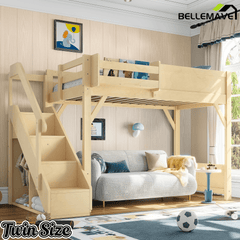 Bellemave® Twin Loft Bed with Storage Stairs and Built - in Wardrobe and Bedside Shelves, Wood Loft Bed for Kids, Teens, Adults, Gray - Bellemave