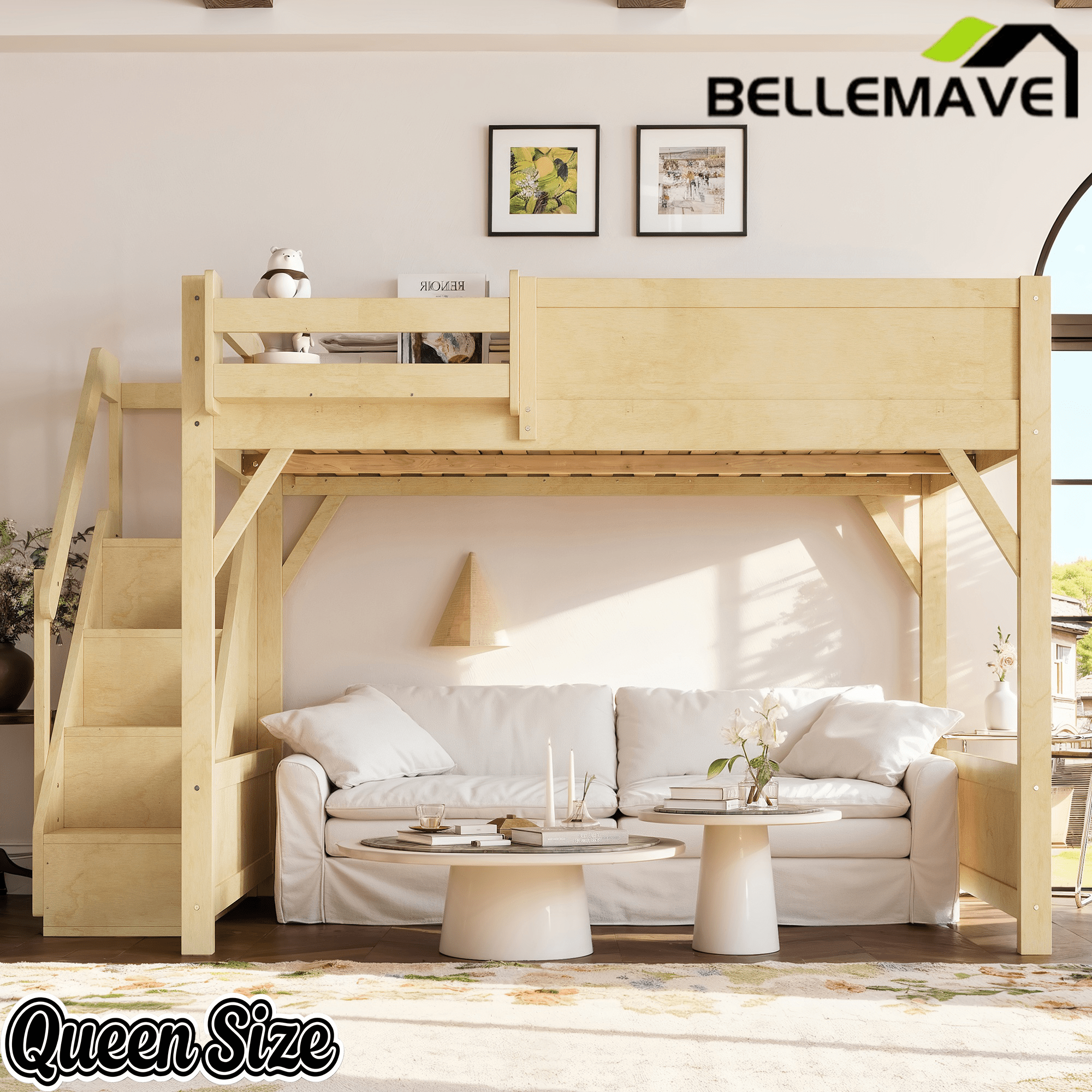 Bellemave® Twin Loft Bed with Storage Stairs and Built - in Wardrobe and Bedside Shelves, Wood Loft Bed for Kids, Teens, Adults, Gray - Bellemave