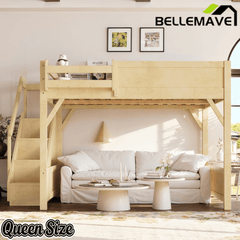 Bellemave® Twin Loft Bed with Storage Stairs and Built - in Wardrobe and Bedside Shelves, Wood Loft Bed for Kids, Teens, Adults, Gray - Bellemave
