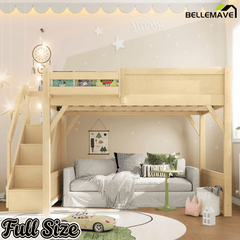 Bellemave® Twin Loft Bed with Storage Stairs and Built - in Wardrobe and Bedside Shelves, Wood Loft Bed for Kids, Teens, Adults, Gray - Bellemave