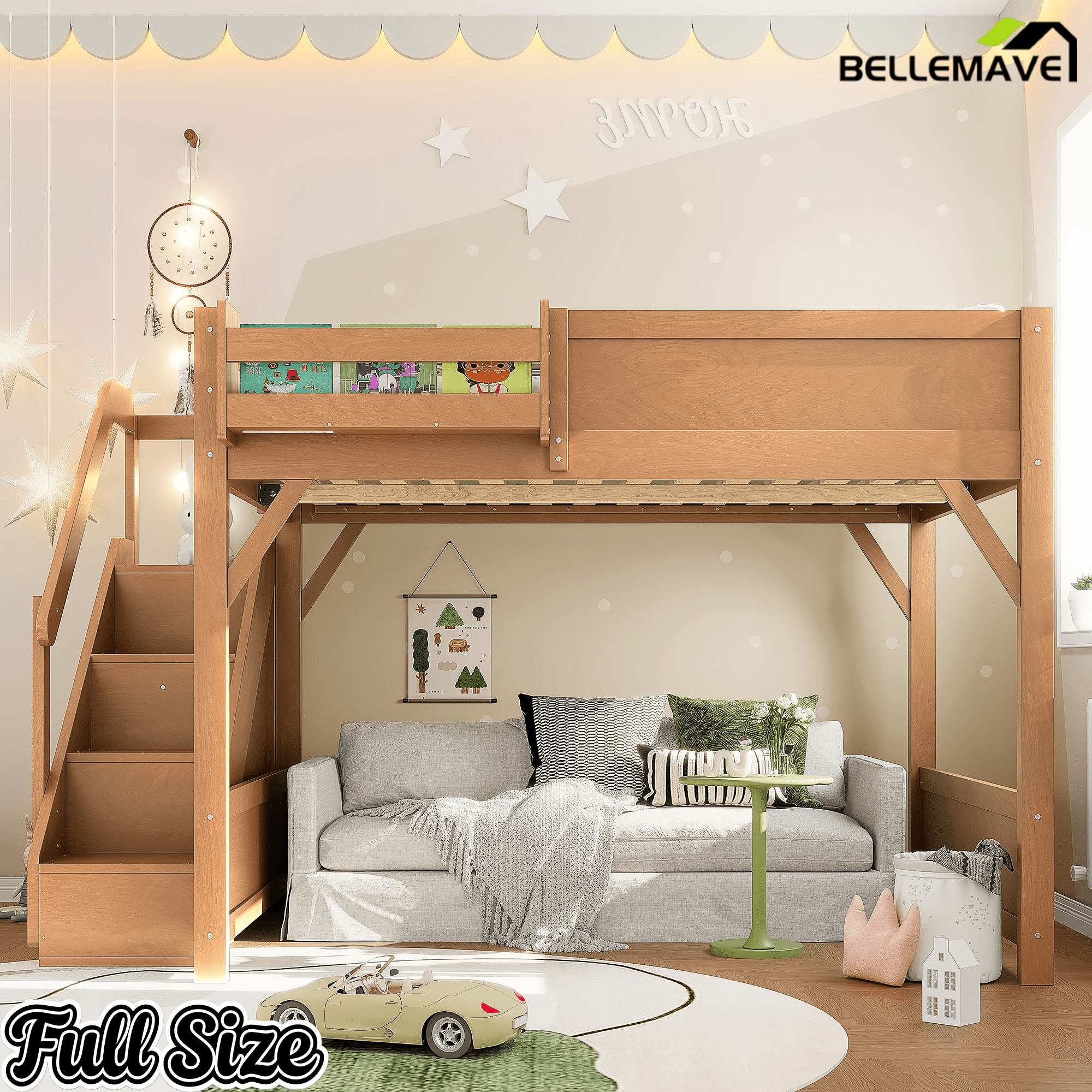Bellemave® Twin Loft Bed with Storage Stairs and Built - in Wardrobe and Bedside Shelves, Wood Loft Bed for Kids, Teens, Adults, Gray - Bellemave