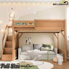 Bellemave® Twin Loft Bed with Storage Stairs and Built - in Wardrobe and Bedside Shelves, Wood Loft Bed for Kids, Teens, Adults, Gray - Bellemave