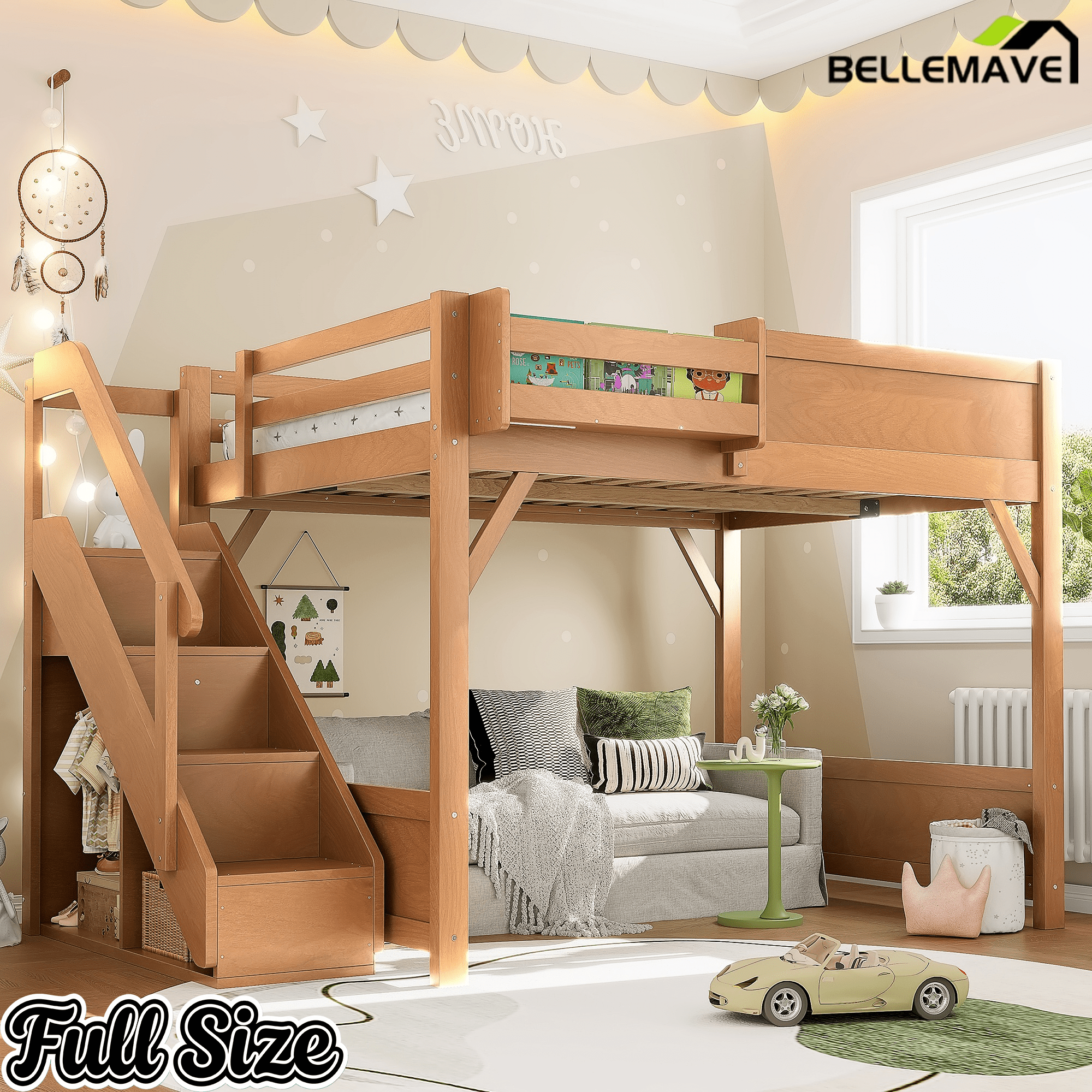 Bellemave® Twin Loft Bed with Storage Stairs and Built - in Wardrobe and Bedside Shelves, Wood Loft Bed for Kids, Teens, Adults, Gray - Bellemave