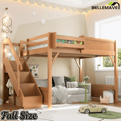 Bellemave® Twin Loft Bed with Storage Stairs and Built - in Wardrobe and Bedside Shelves, Wood Loft Bed for Kids, Teens, Adults, Gray - Bellemave