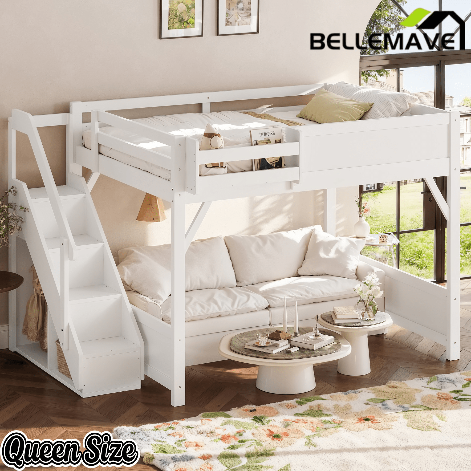 Bellemave® Twin Loft Bed with Storage Stairs and Built - in Wardrobe and Bedside Shelves, Wood Loft Bed for Kids, Teens, Adults, Gray - Bellemave