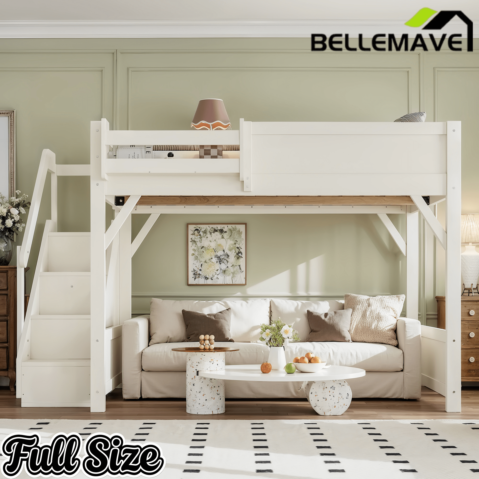 Bellemave® Twin Loft Bed with Storage Stairs and Built - in Wardrobe and Bedside Shelves, Wood Loft Bed for Kids, Teens, Adults, Gray - Bellemave