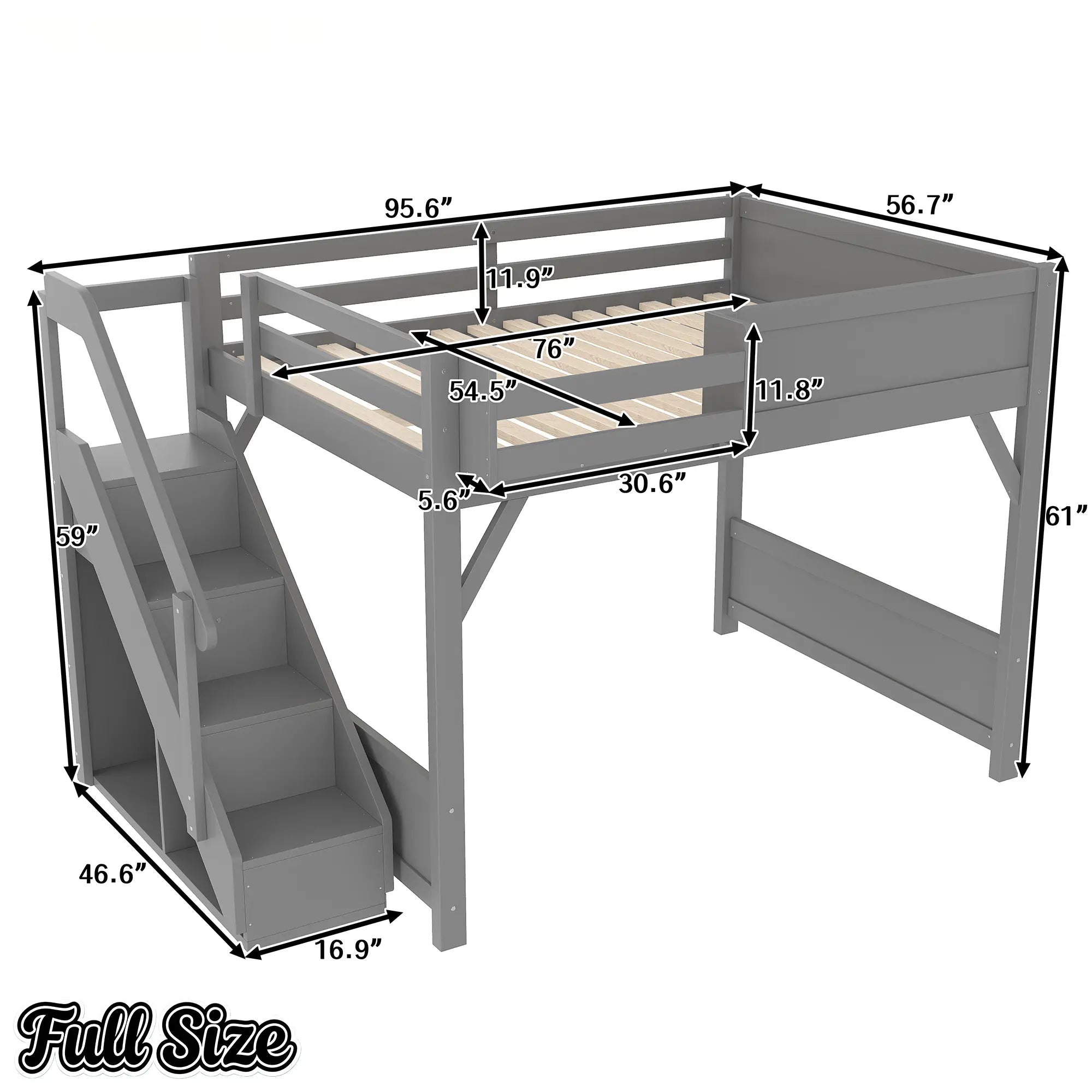 Bellemave® Twin Loft Bed with Storage Stairs and Built - in Wardrobe and Bedside Shelves, Wood Loft Bed for Kids, Teens, Adults, Gray - Bellemave