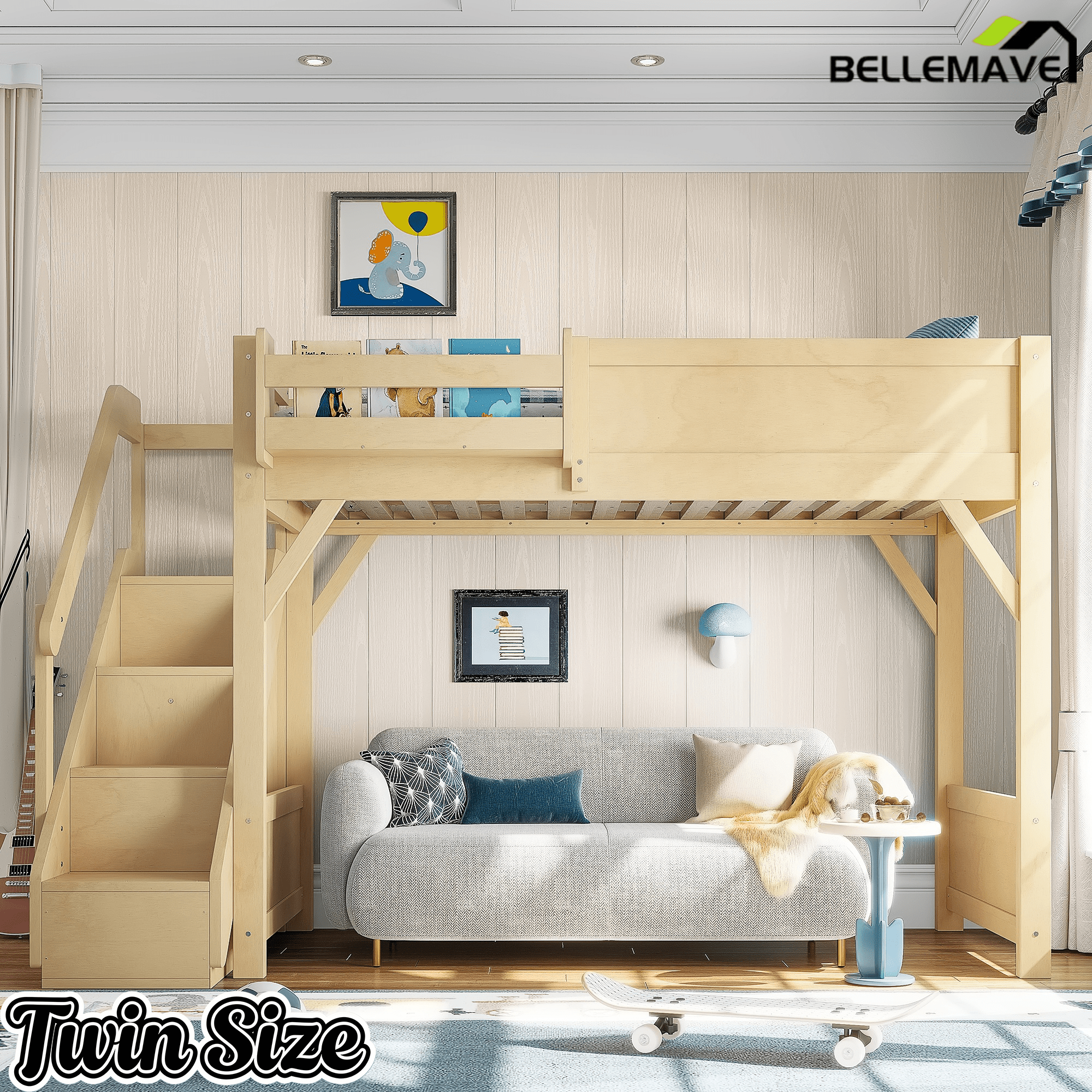 Bellemave® Twin Loft Bed with Storage Stairs and Built - in Wardrobe and Bedside Shelves, Wood Loft Bed for Kids, Teens, Adults, Gray - Bellemave