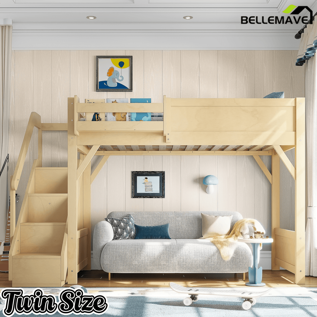 Bellemave® Twin Loft Bed with Storage Stairs and Built - in Wardrobe and Bedside Shelves, Wood Loft Bed for Kids, Teens, Adults, Gray - Bellemave
