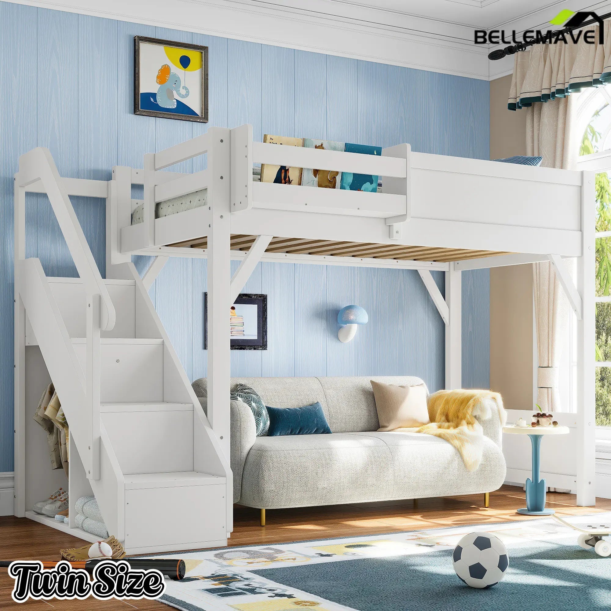 Bellemave® Twin Loft Bed with Storage Stairs and Built - in Wardrobe and Bedside Shelves, Wood Loft Bed for Kids, Teens, Adults, Gray - Bellemave