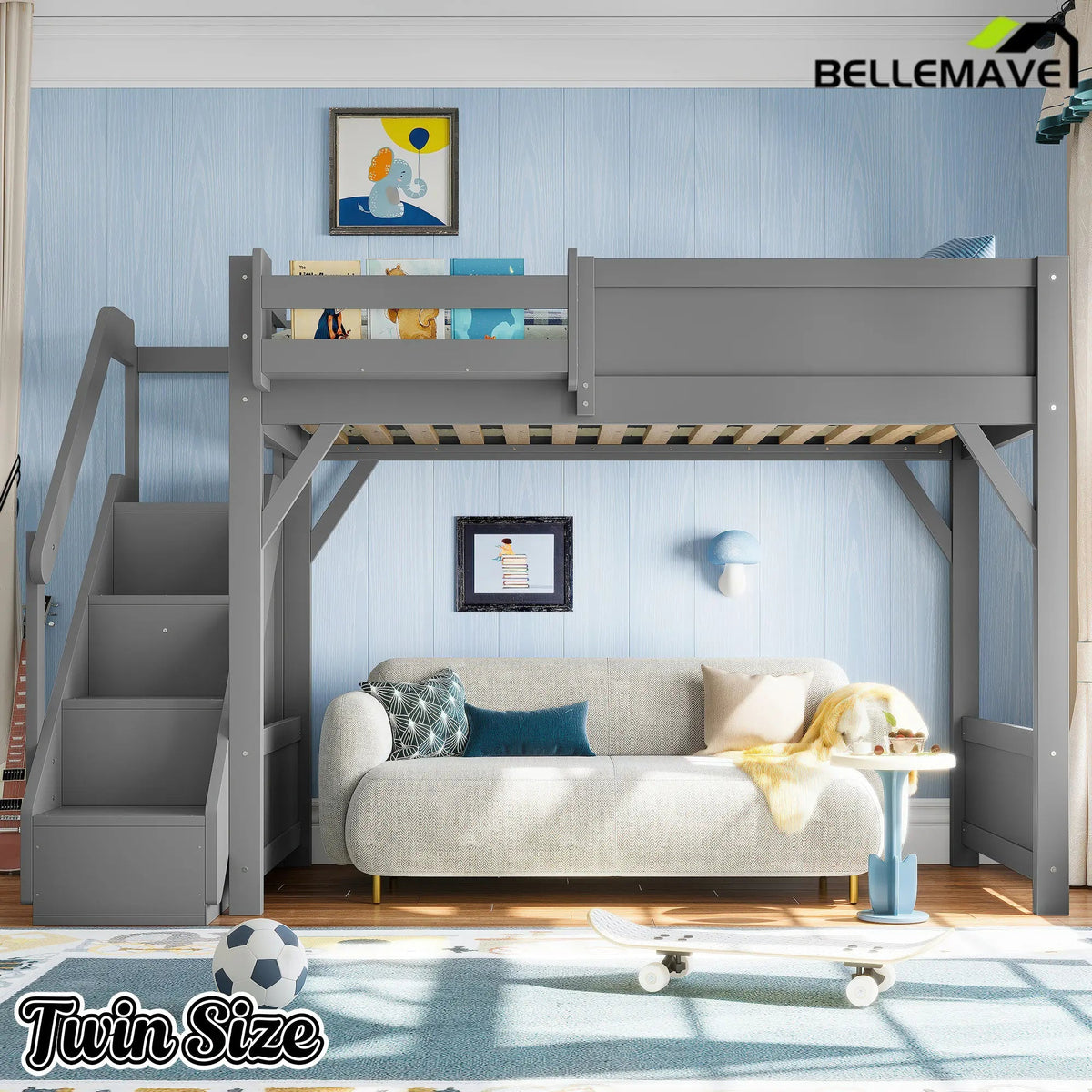 Bellemave® Twin Loft Bed with Storage Stairs and Built - in Wardrobe and Bedside Shelves, Wood Loft Bed for Kids, Teens, Adults, Gray - Bellemave