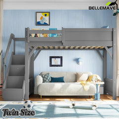 Bellemave® Twin Loft Bed with Storage Stairs and Built - in Wardrobe and Bedside Shelves, Wood Loft Bed for Kids, Teens, Adults, Gray - Bellemave