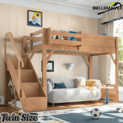 Bellemave® Twin Loft Bed with Storage Stairs and Built - in Wardrobe and Bedside Shelves, Wood Loft Bed for Kids, Teens, Adults, Gray - Bellemave