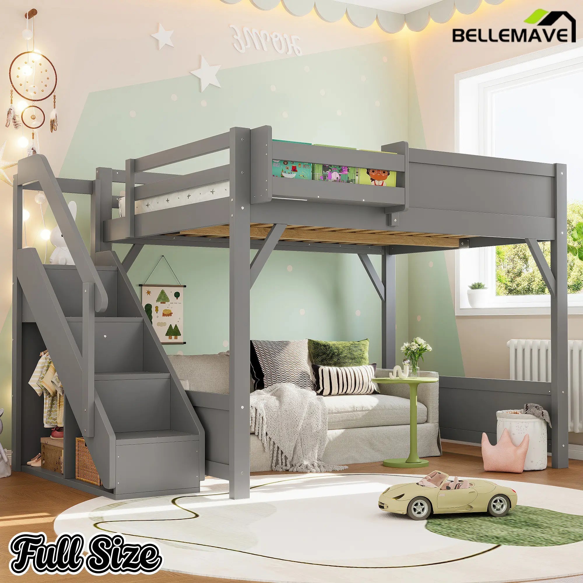 Bellemave® Twin Loft Bed with Storage Stairs and Built - in Wardrobe and Bedside Shelves, Wood Loft Bed for Kids, Teens, Adults, Gray - Bellemave