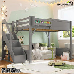 Bellemave® Twin Loft Bed with Storage Stairs and Built - in Wardrobe and Bedside Shelves, Wood Loft Bed for Kids, Teens, Adults, Gray - Bellemave