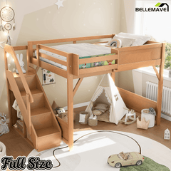 Bellemave® Twin Loft Bed with Storage Stairs and Built - in Wardrobe and Bedside Shelves, Wood Loft Bed for Kids, Teens, Adults, Gray - Bellemave
