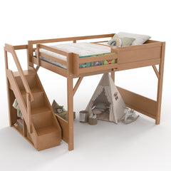 Bellemave® Twin Loft Bed with Storage Stairs and Built - in Wardrobe and Bedside Shelves, Wood Loft Bed for Kids, Teens, Adults, Gray - Bellemave