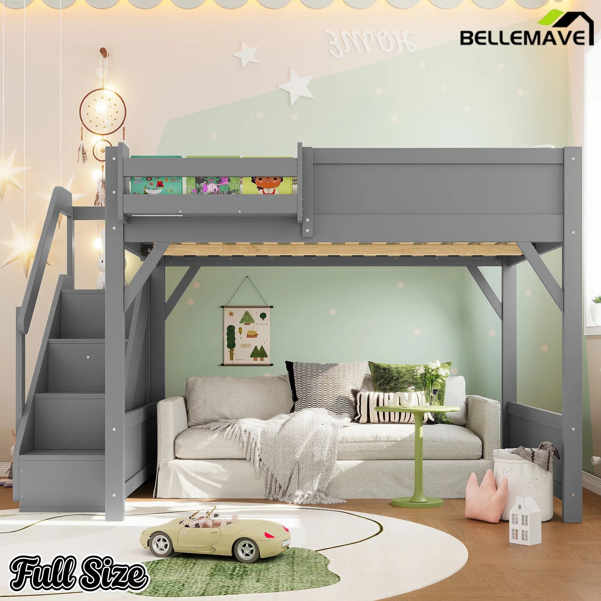 Bellemave® Twin Loft Bed with Storage Stairs and Built - in Wardrobe and Bedside Shelves, Wood Loft Bed for Kids, Teens, Adults, Gray - Bellemave