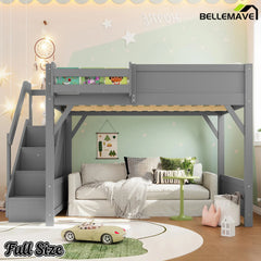 Bellemave® Twin Loft Bed with Storage Stairs and Built - in Wardrobe and Bedside Shelves, Wood Loft Bed for Kids, Teens, Adults, Gray - Bellemave