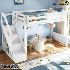 Bellemave® Twin Loft Bed with Storage Stairs and Built - in Wardrobe and Bedside Shelves, Wood Loft Bed for Kids, Teens, Adults, Gray - Bellemave