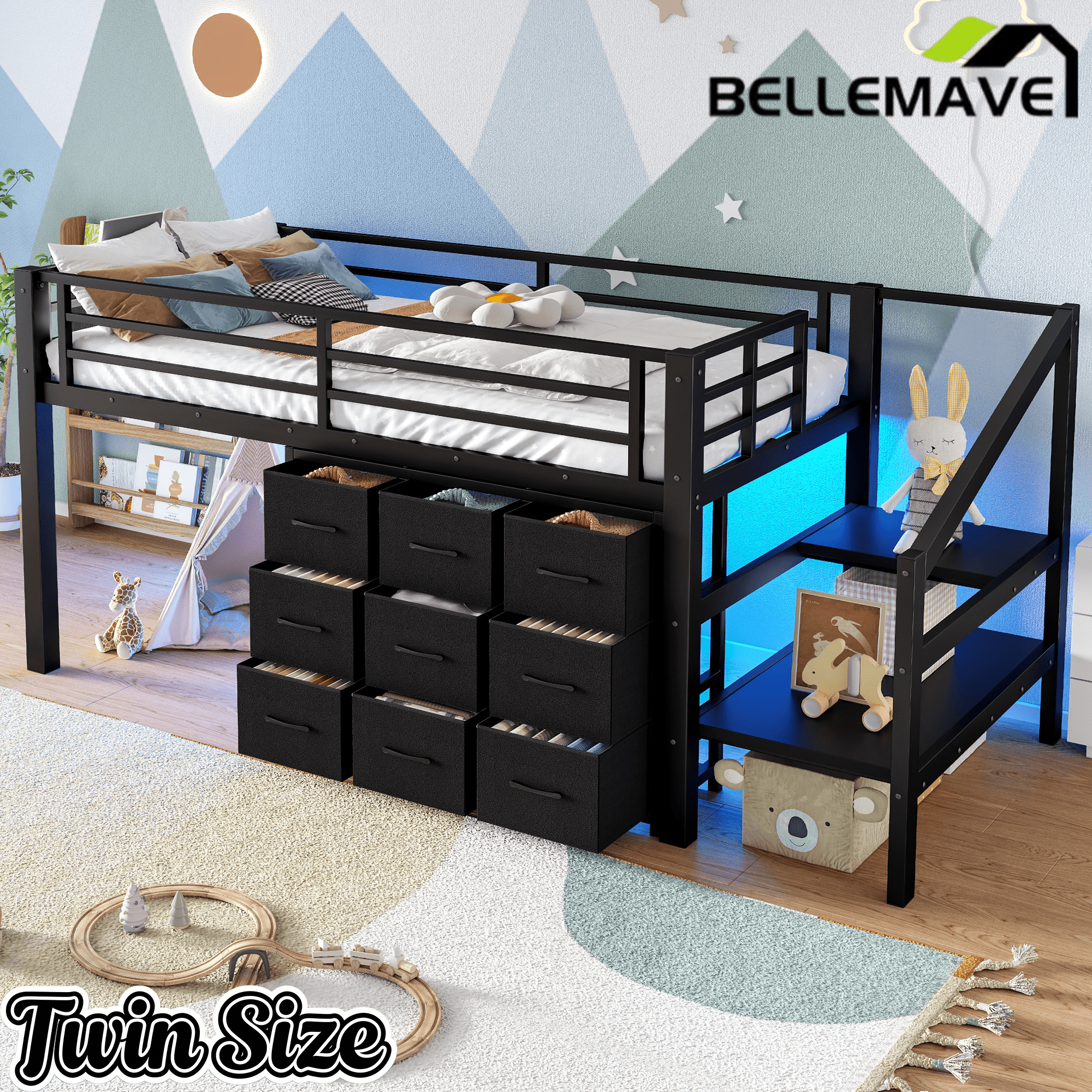 Bellemave® Twin Low Loft Bed with 9 Drawers, Storage Stairs & LED Lights for Kids, Black - Bellemave