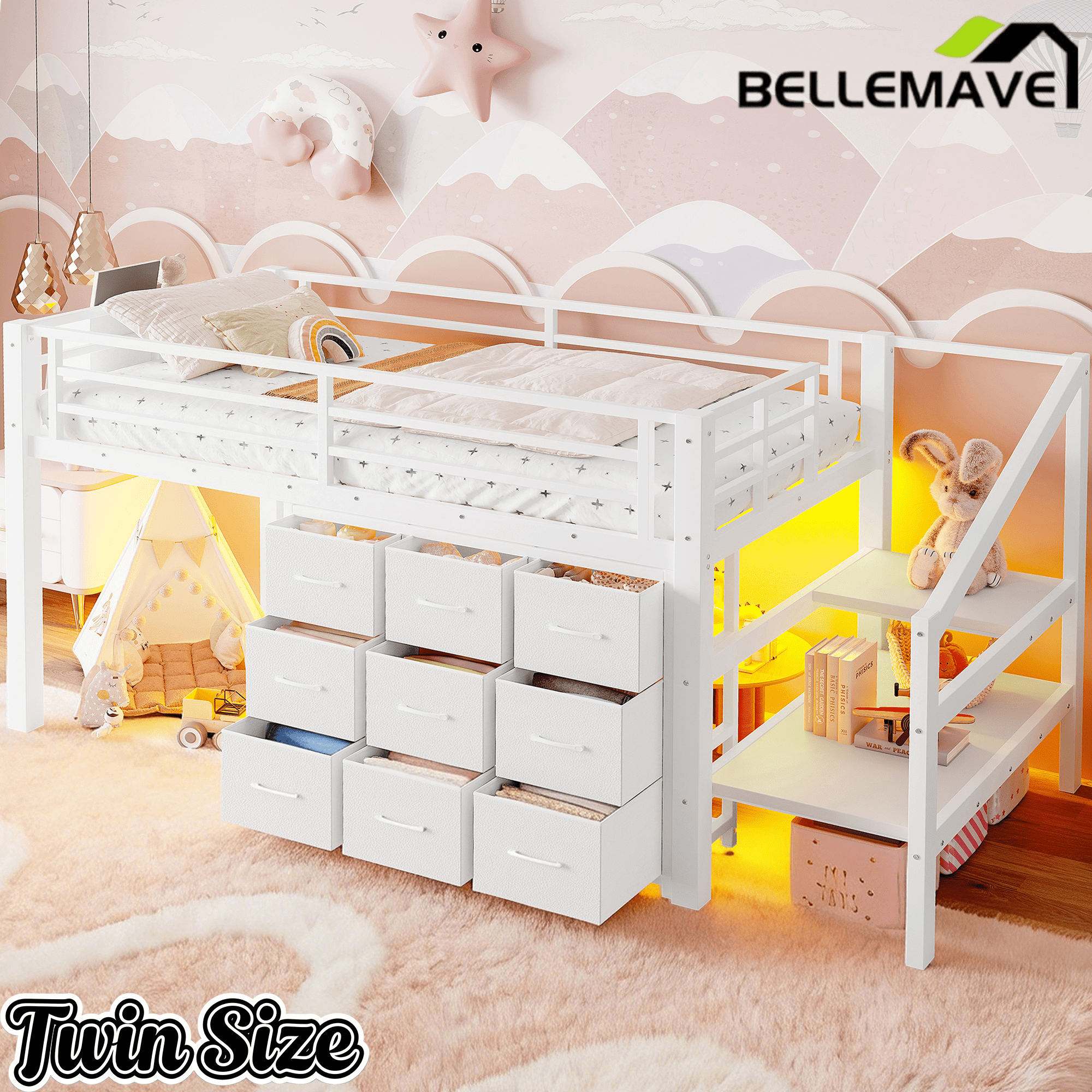Bellemave® Twin Low Loft Bed with 9 Drawers, Storage Stairs & LED Lights for Kids, Black - Bellemave
