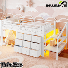 Bellemave® Twin Low Loft Bed with 9 Drawers, Storage Stairs & LED Lights for Kids, Black - Bellemave