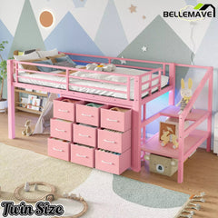 Bellemave® Twin Low Loft Bed with 9 Drawers, Storage Stairs & LED Lights for Kids, Black - Bellemave