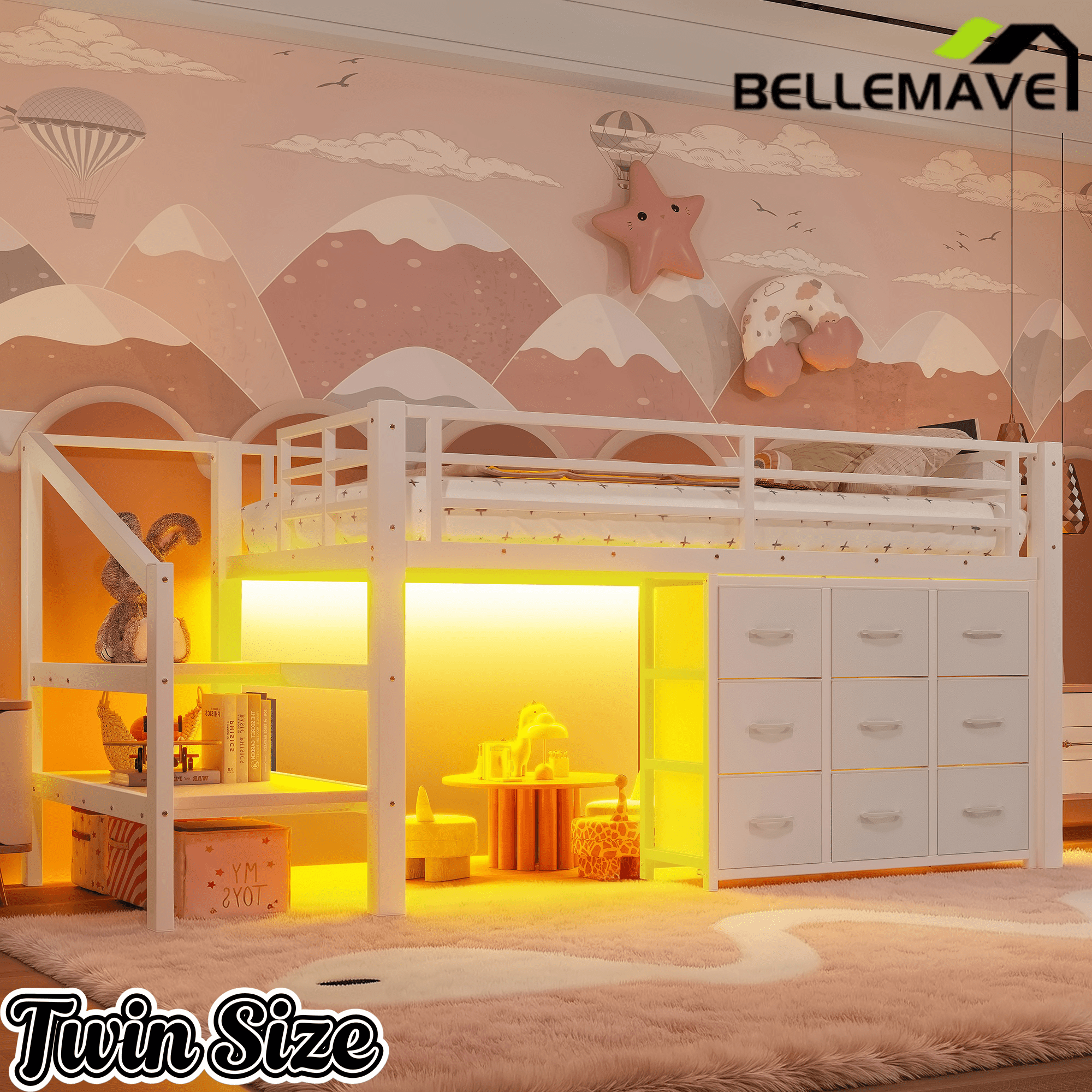 Bellemave® Twin Low Loft Bed with 9 Drawers, Storage Stairs & LED Lights for Kids, Black - Bellemave