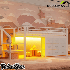 Bellemave® Twin Low Loft Bed with 9 Drawers, Storage Stairs & LED Lights for Kids, Black - Bellemave