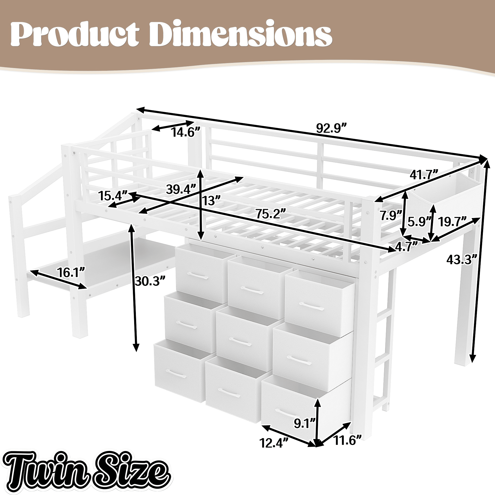 Bellemave® Twin Low Loft Bed with 9 Drawers, Storage Stairs & LED Lights for Kids, Black - Bellemave