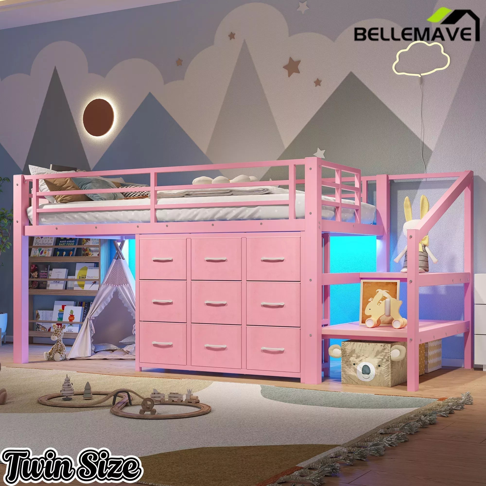 Bellemave® Twin Low Loft Bed with 9 Drawers, Storage Stairs & LED Lights for Kids, Black - Bellemave