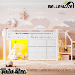 Bellemave® Twin Low Loft Bed with 9 Drawers, Storage Stairs & LED Lights for Kids, Black - Bellemave