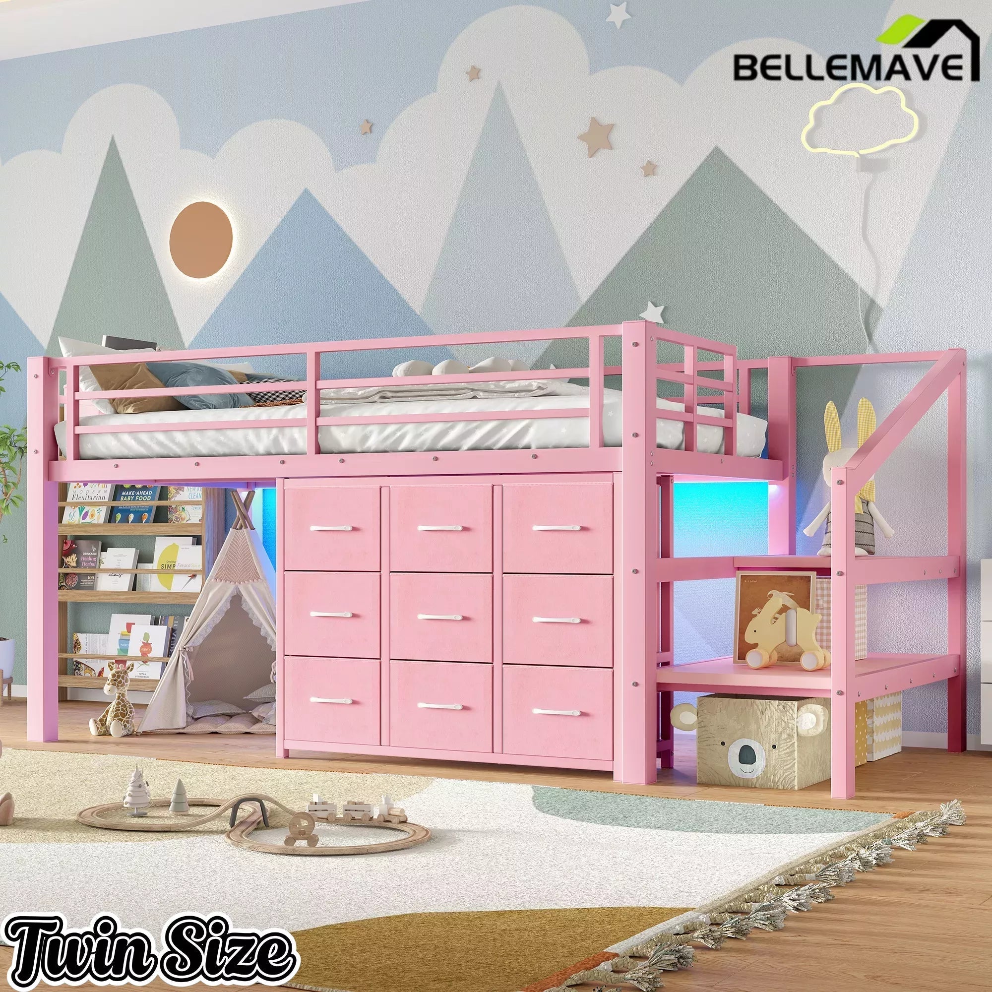Bellemave® Twin Low Loft Bed with 9 Drawers, Storage Stairs & LED Lights for Kids, Black - Bellemave