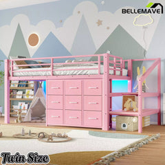 Bellemave® Twin Low Loft Bed with 9 Drawers, Storage Stairs & LED Lights for Kids, Black - Bellemave