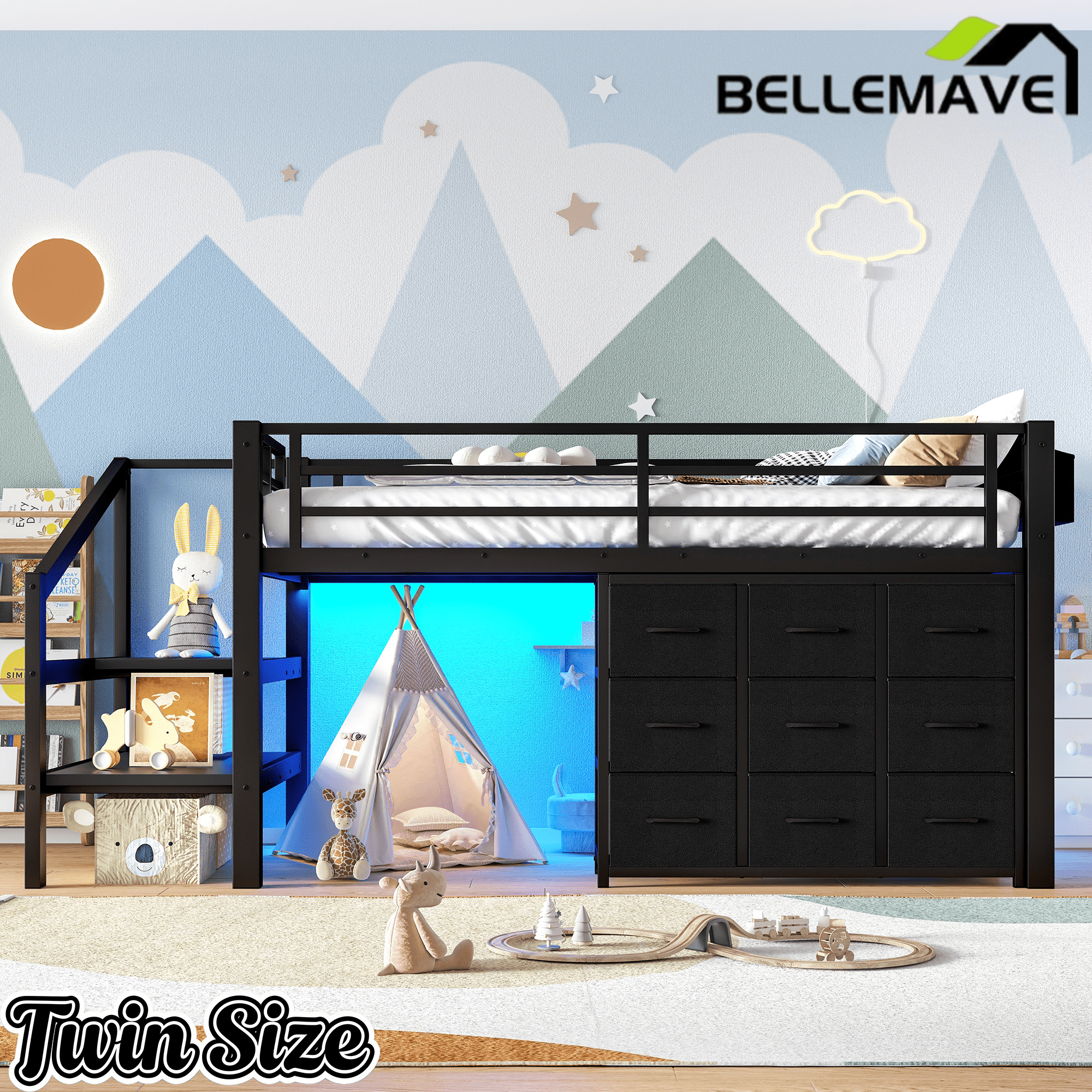 Bellemave® Twin Low Loft Bed with 9 Drawers, Storage Stairs & LED Lights for Kids, Black - Bellemave
