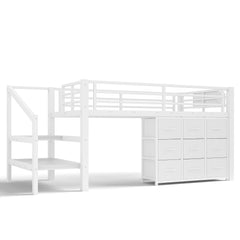 Bellemave® Twin Low Loft Bed with 9 Drawers, Storage Stairs & LED Lights for Kids, Black - Bellemave