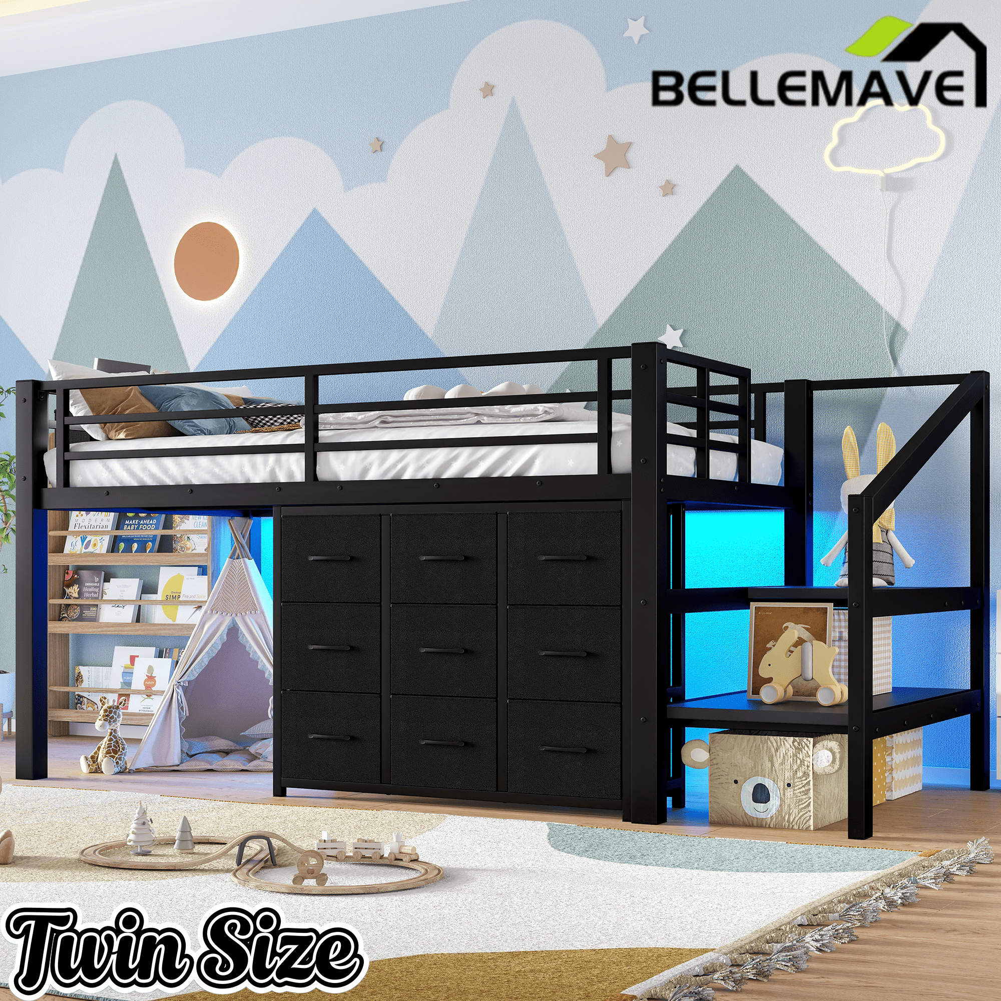 Bellemave® Twin Low Loft Bed with 9 Drawers, Storage Stairs & LED Lights for Kids, Black - Bellemave