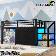 Bellemave® Twin Low Loft Bed with 9 Drawers, Storage Stairs & LED Lights for Kids, Black - Bellemave