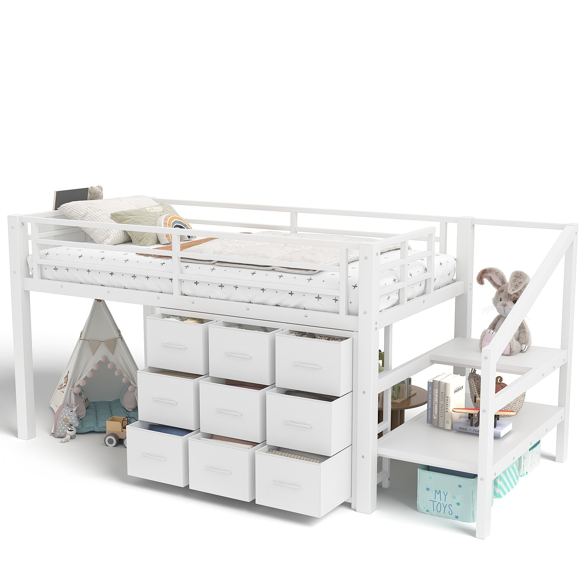 Bellemave® Twin Low Loft Bed with 9 Drawers, Storage Stairs & LED Lights for Kids, Black - Bellemave