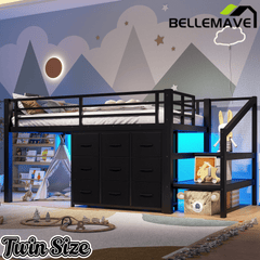 Bellemave® Twin Low Loft Bed with 9 Drawers, Storage Stairs & LED Lights for Kids, Black - Bellemave