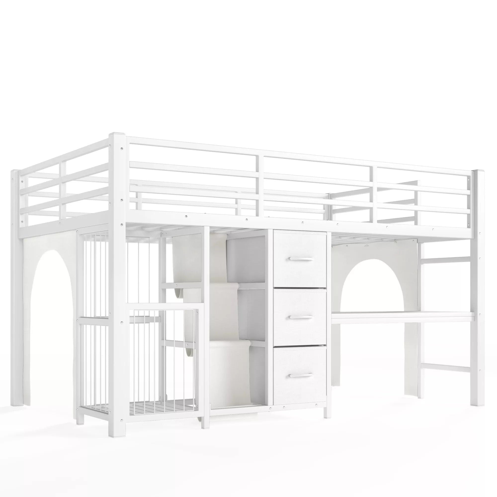 metal low loft bed with open bookshelf and under bed storage