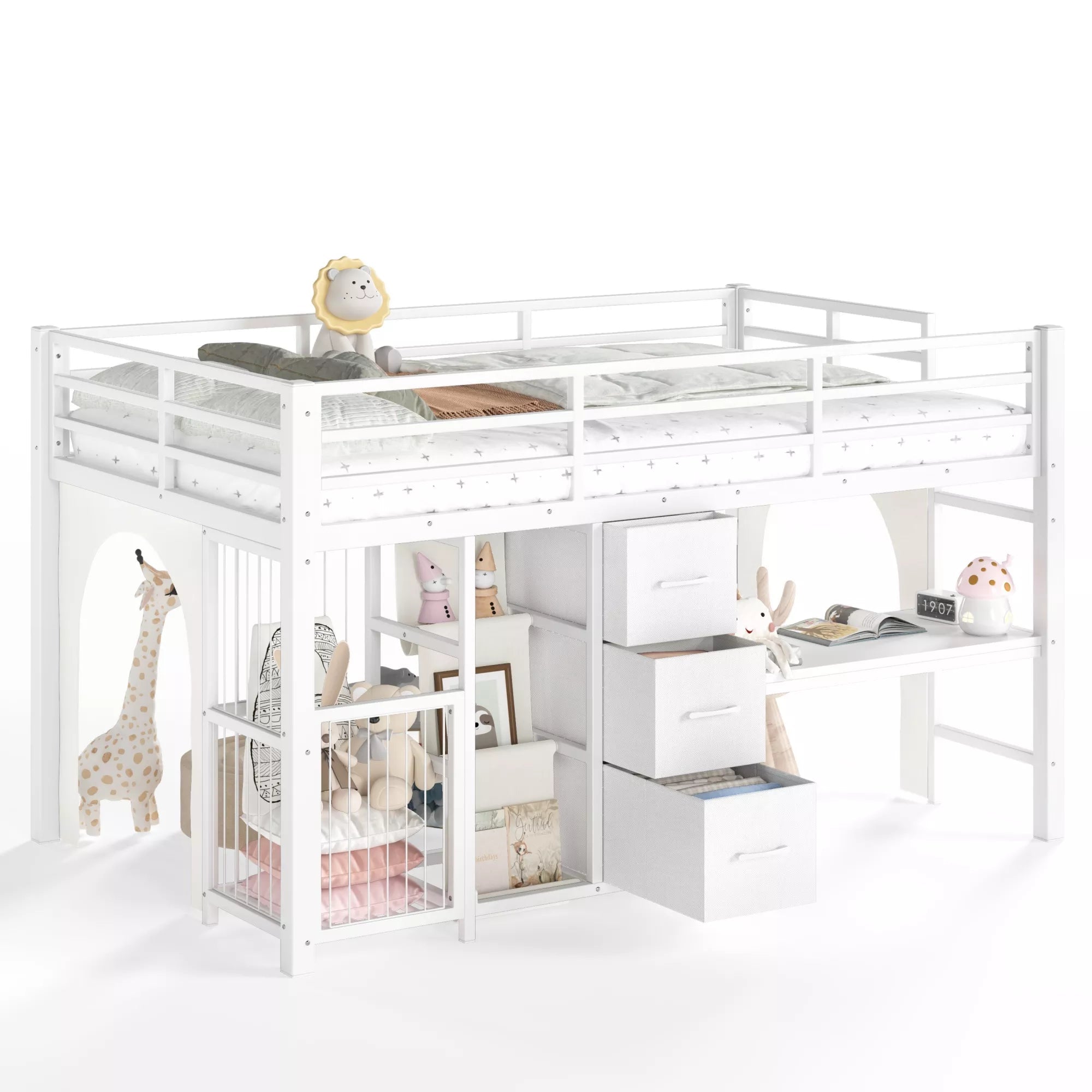 white twin metal low loft bed with desk and storage drawers