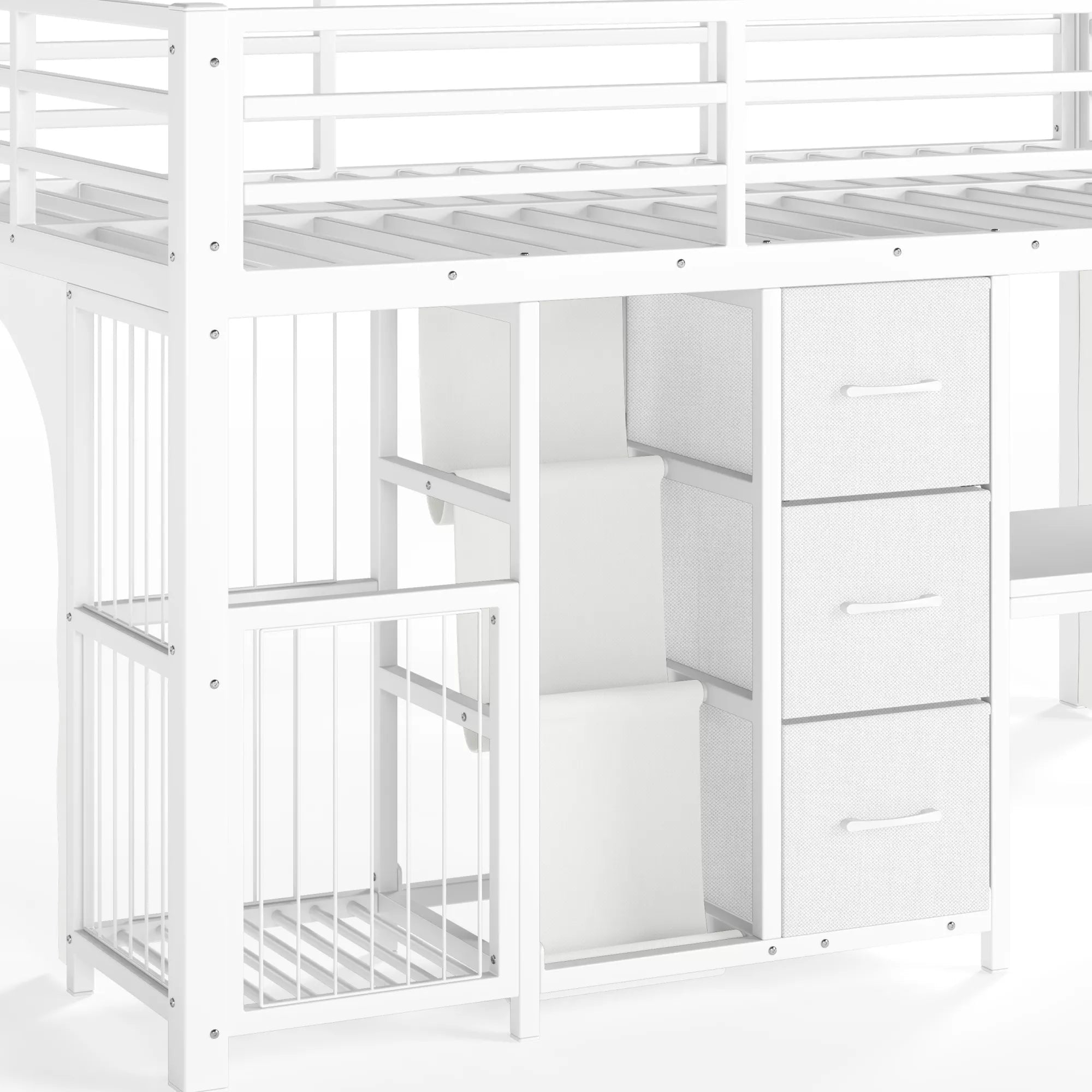 kids metal low loft bed with storage cabinet and workspace