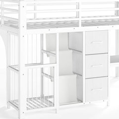 kids metal low loft bed with storage cabinet and workspace