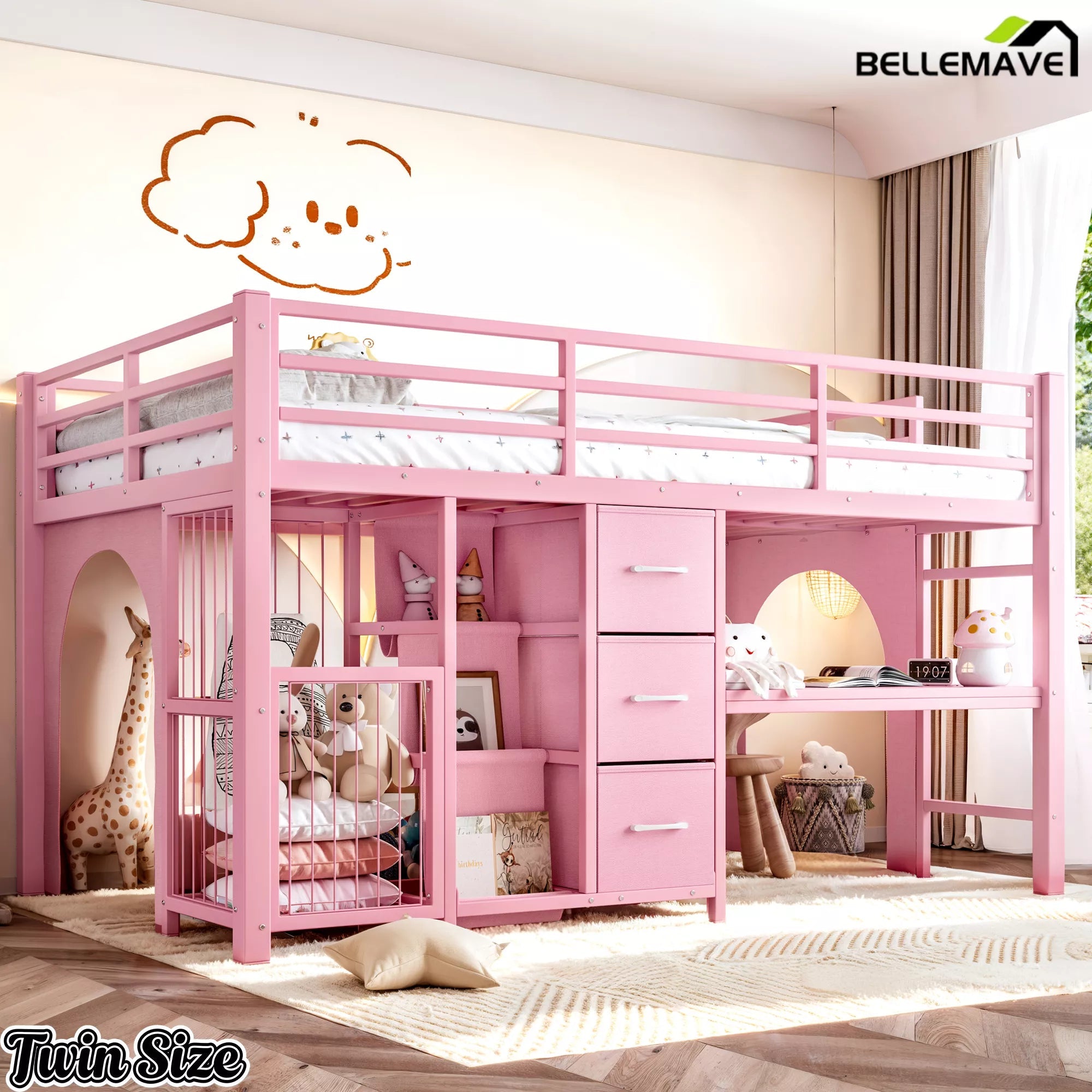 pink twin loft bed with built in desk for kids