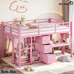 pink twin low loft bed with desk and storage features